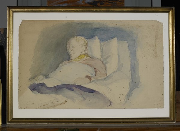 Akvarel: Anne Marie Carl-Nielsen liggende på puder under dyner